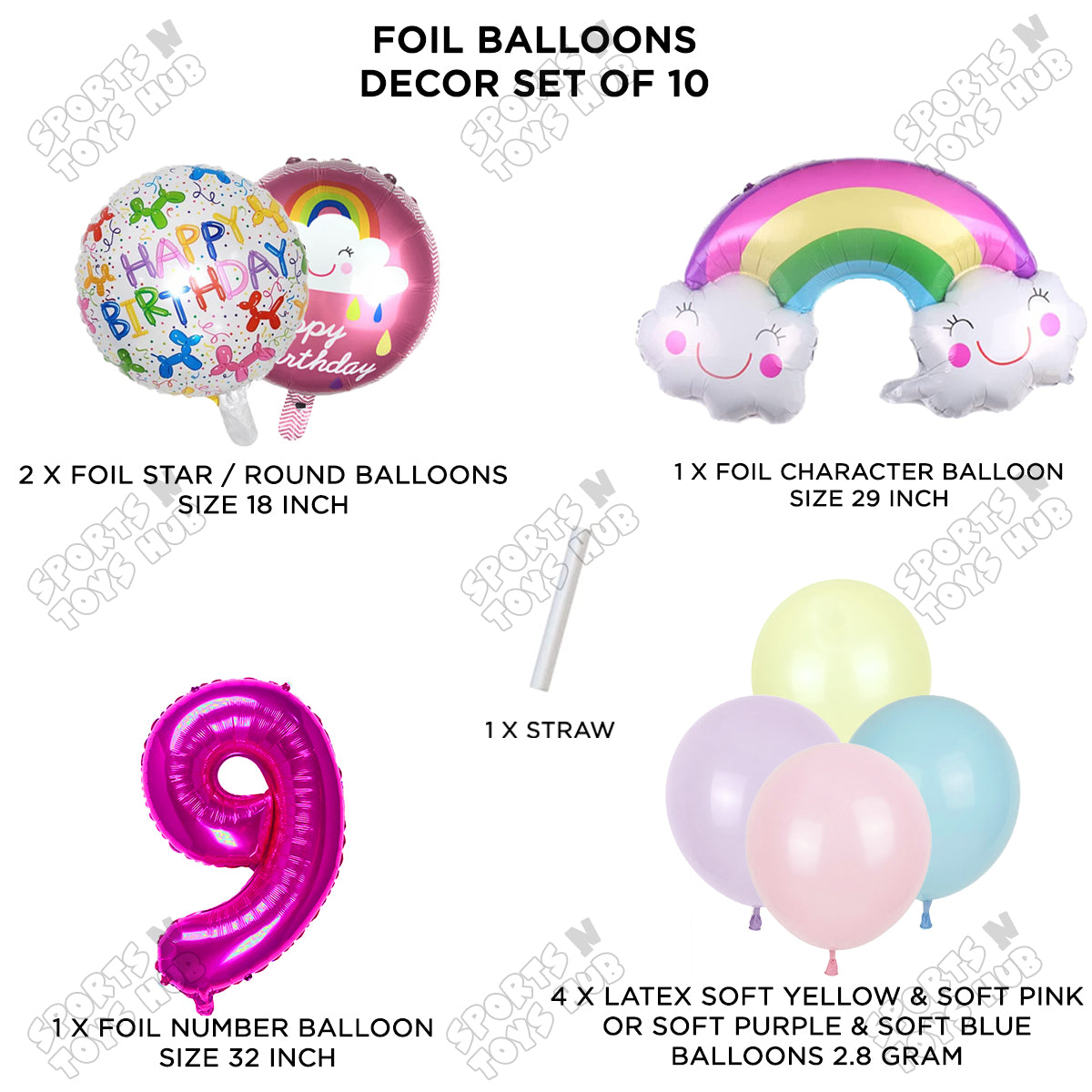 Rainbow & Cloud Foil Balloon Pack Of 10 Set With 32 Inch Foil Number Balloons