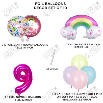 Rainbow & Cloud Foil Balloon Pack Of 10 Set With 32 Inch Foil Number Balloons