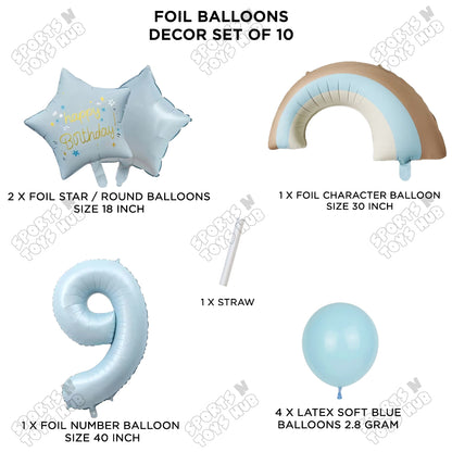 Pastel Blue Matte Color Rainbow & Cloud Pack Of 10 Set With 40 Inch Foil Number Balloons