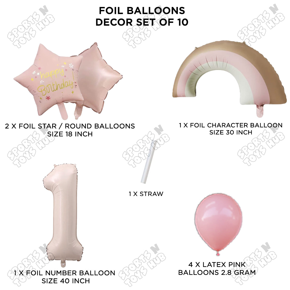 Pastel Pink Matte Color Rainbow & Cloud Pack Of 10 Set With 40 Inch Foil Number Balloons