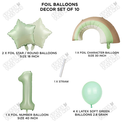 Pastel Green Matte Color Rainbow & Cloud Pack Of 10 Set With 40 Inch Foil Number Balloons