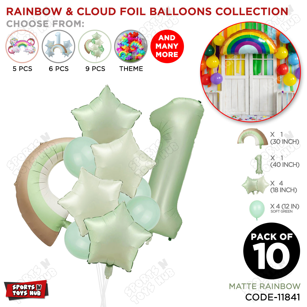 Pastel Green Matte Color Rainbow & Cloud Pack Of 10 Set With 40 Inch Foil Number Balloons