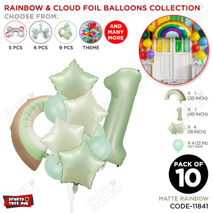 Pastel Green Matte Color Rainbow & Cloud Pack Of 10 Set With 40 Inch Foil Number Balloons