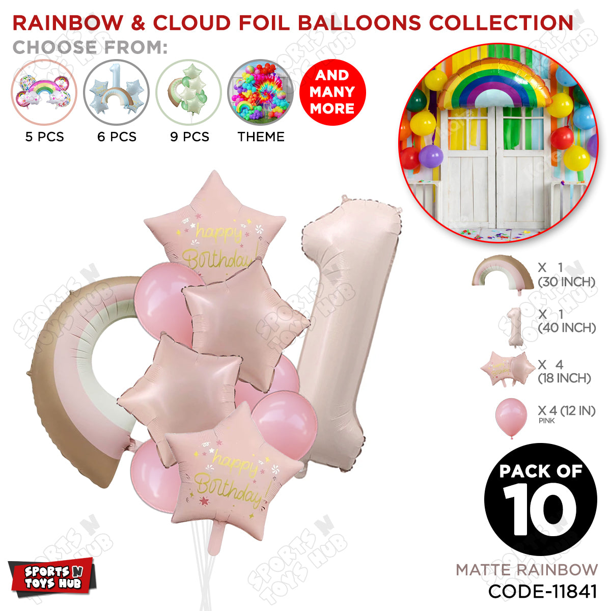 Pastel Pink Matte Color Rainbow & Cloud Pack Of 10 Set With 40 Inch Foil Number Balloons