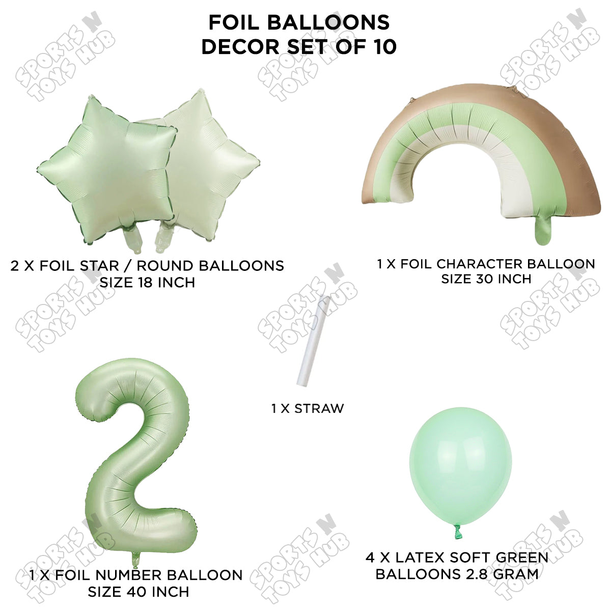 Pastel Green Matte Color Rainbow & Cloud Pack Of 10 Set With 40 Inch Foil Number Balloons