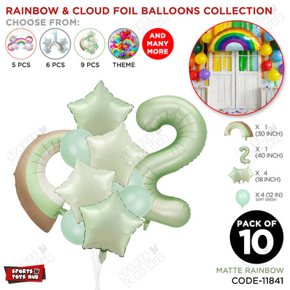 Pastel Green Matte Color Rainbow & Cloud Pack Of 10 Set With 40 Inch Foil Number Balloons