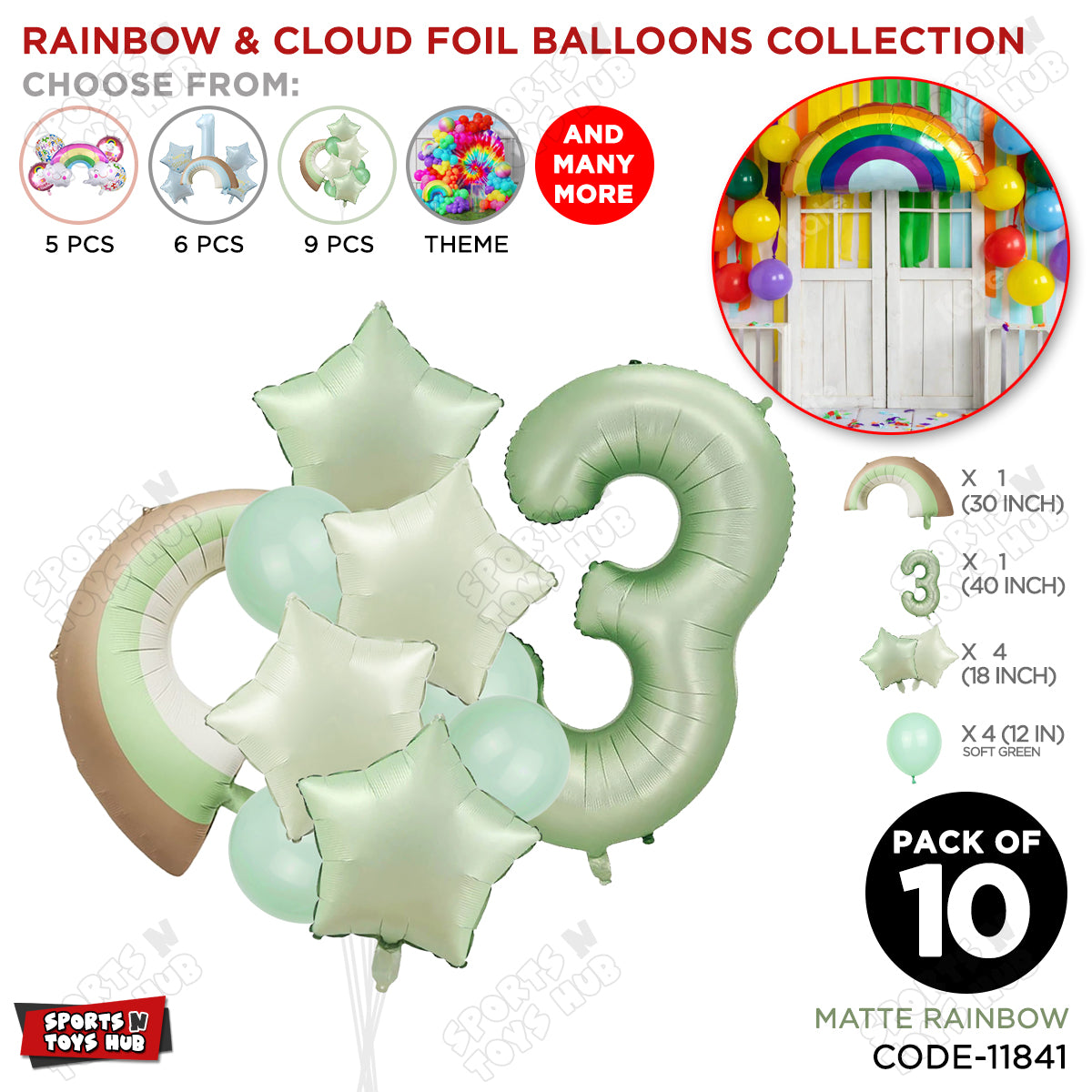 Pastel Green Matte Color Rainbow & Cloud Pack Of 10 Set With 40 Inch Foil Number Balloons