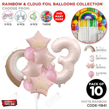 Pastel Pink Matte Color Rainbow & Cloud Pack Of 10 Set With 40 Inch Foil Number Balloons