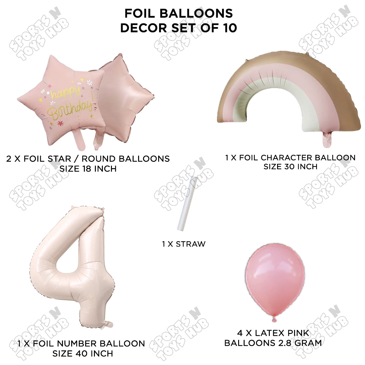 Pastel Pink Matte Color Rainbow & Cloud Pack Of 10 Set With 40 Inch Foil Number Balloons