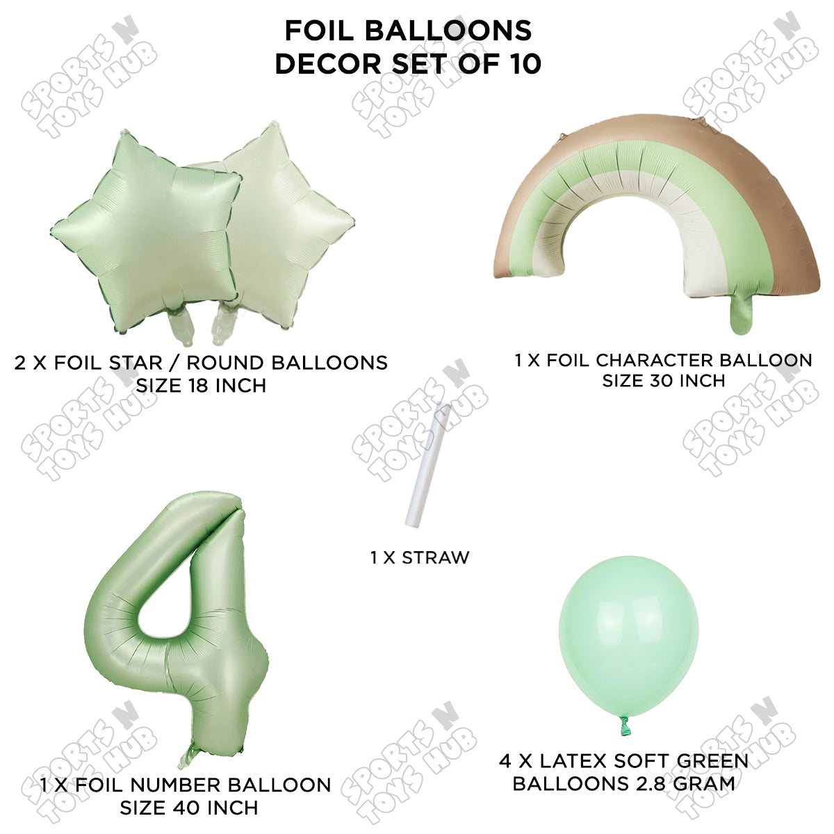 Pastel Green Matte Color Rainbow & Cloud Pack Of 10 Set With 40 Inch Foil Number Balloons