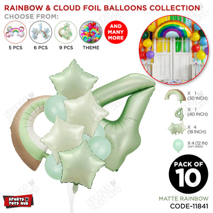 Pastel Green Matte Color Rainbow & Cloud Pack Of 10 Set With 40 Inch Foil Number Balloons