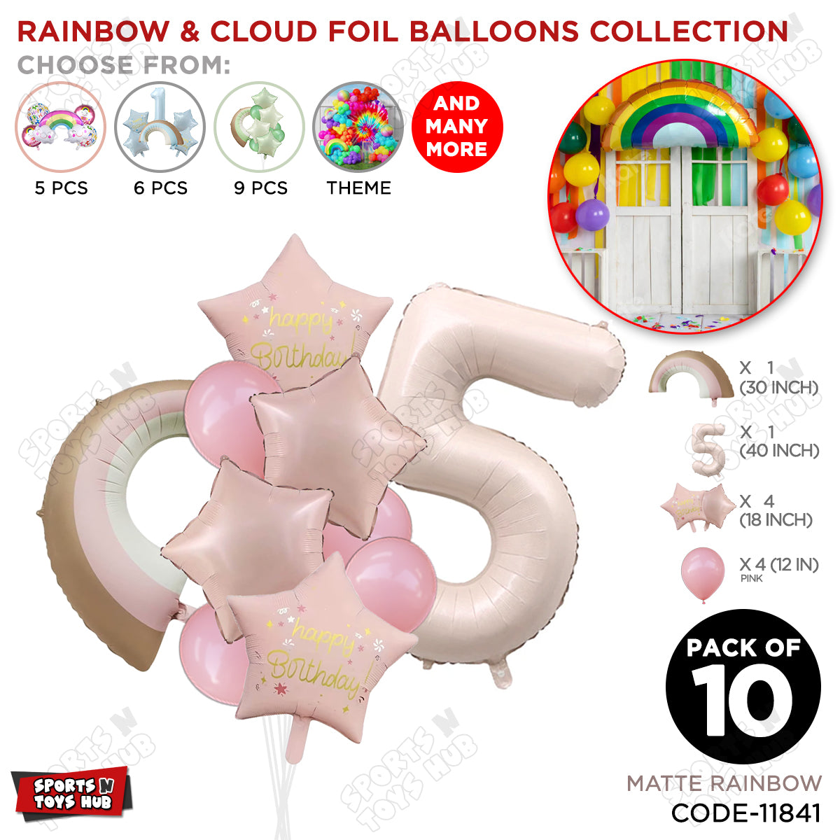 Pastel Pink Matte Color Rainbow & Cloud Pack Of 10 Set With 40 Inch Foil Number Balloons
