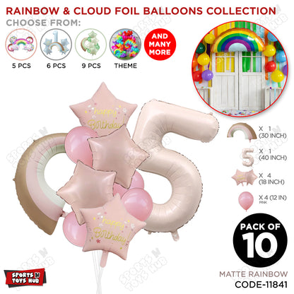 Pastel Pink Matte Color Rainbow & Cloud Pack Of 10 Set With 40 Inch Foil Number Balloons