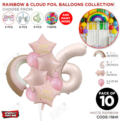 Pastel Pink Matte Color Rainbow & Cloud Pack Of 10 Set With 40 Inch Foil Number Balloons