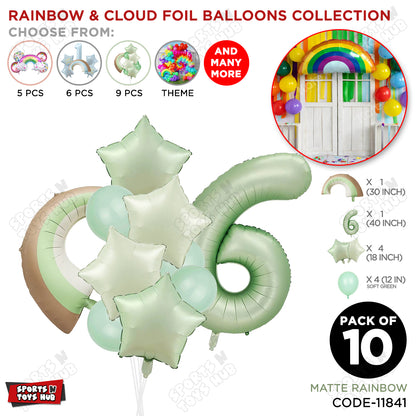 Pastel Green Matte Color Rainbow & Cloud Pack Of 10 Set With 40 Inch Foil Number Balloons