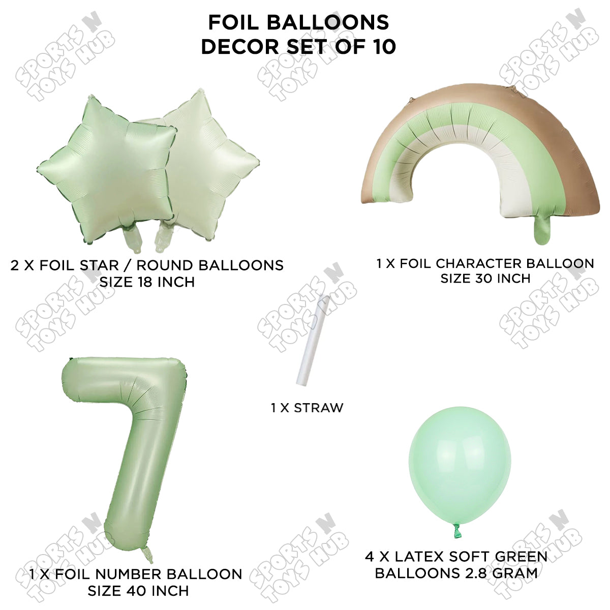 Pastel Green Matte Color Rainbow & Cloud Pack Of 10 Set With 40 Inch Foil Number Balloons