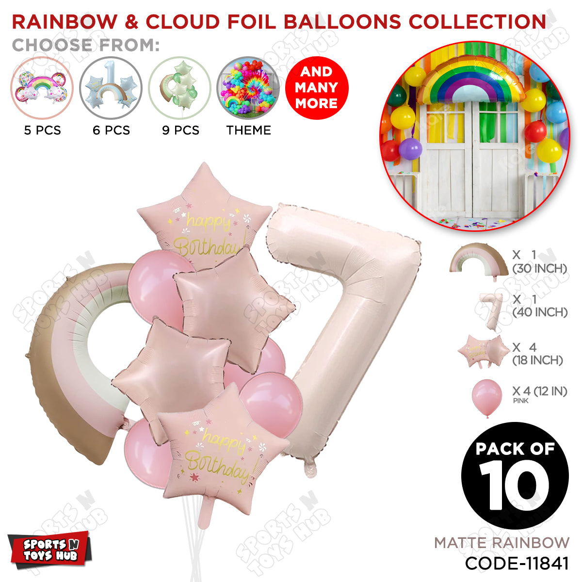Pastel Pink Matte Color Rainbow & Cloud Pack Of 10 Set With 40 Inch Foil Number Balloons