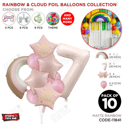 Pastel Pink Matte Color Rainbow & Cloud Pack Of 10 Set With 40 Inch Foil Number Balloons