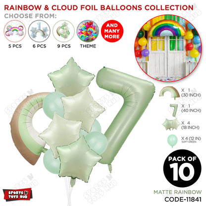Pastel Green Matte Color Rainbow & Cloud Pack Of 10 Set With 40 Inch Foil Number Balloons