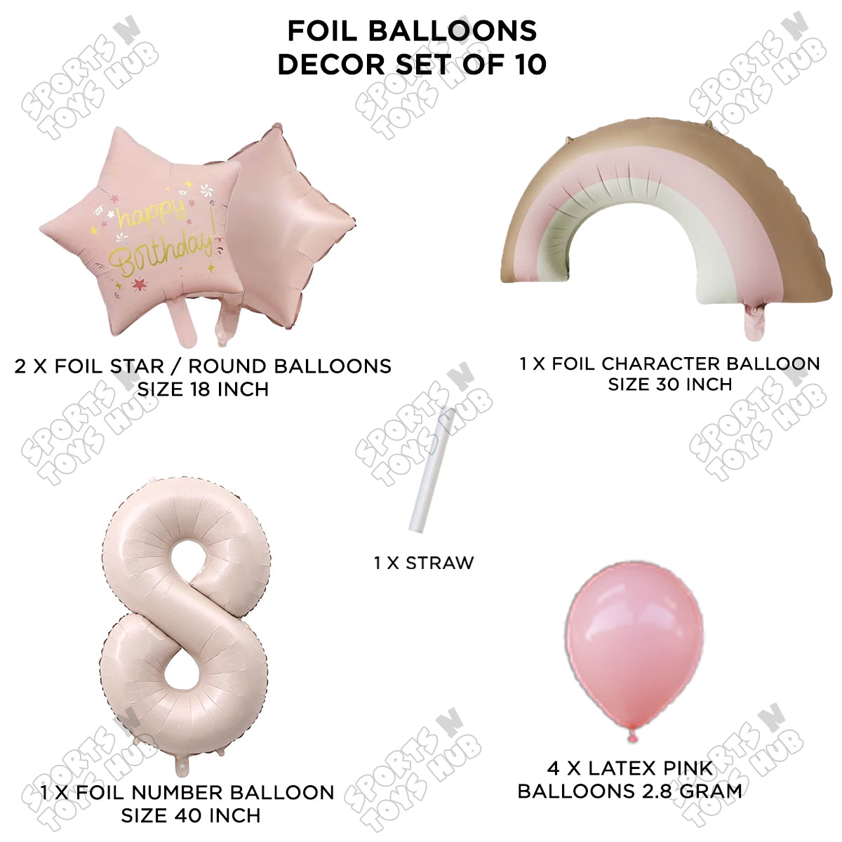 Pastel Pink Matte Color Rainbow & Cloud Pack Of 10 Set With 40 Inch Foil Number Balloons