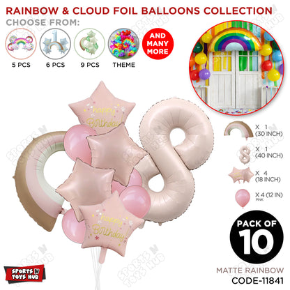 Pastel Pink Matte Color Rainbow & Cloud Pack Of 10 Set With 40 Inch Foil Number Balloons
