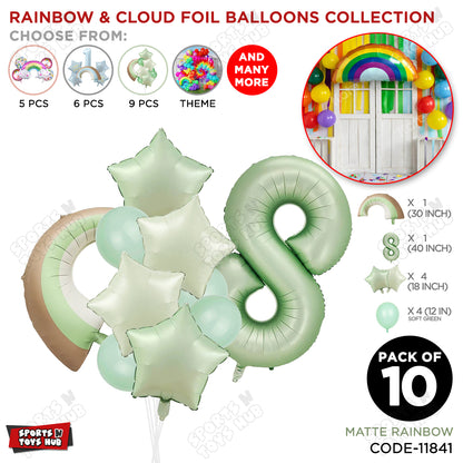 Pastel Green Matte Color Rainbow & Cloud Pack Of 10 Set With 40 Inch Foil Number Balloons