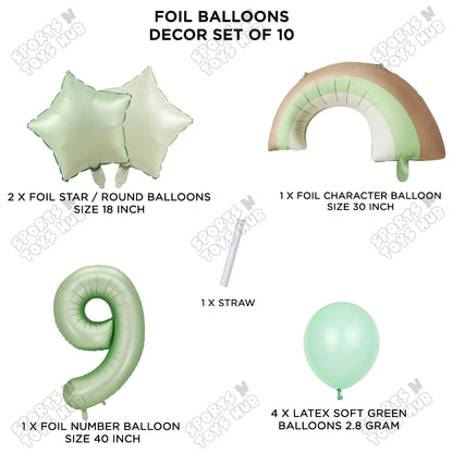 Pastel Green Matte Color Rainbow & Cloud Pack Of 10 Set With 40 Inch Foil Number Balloons
