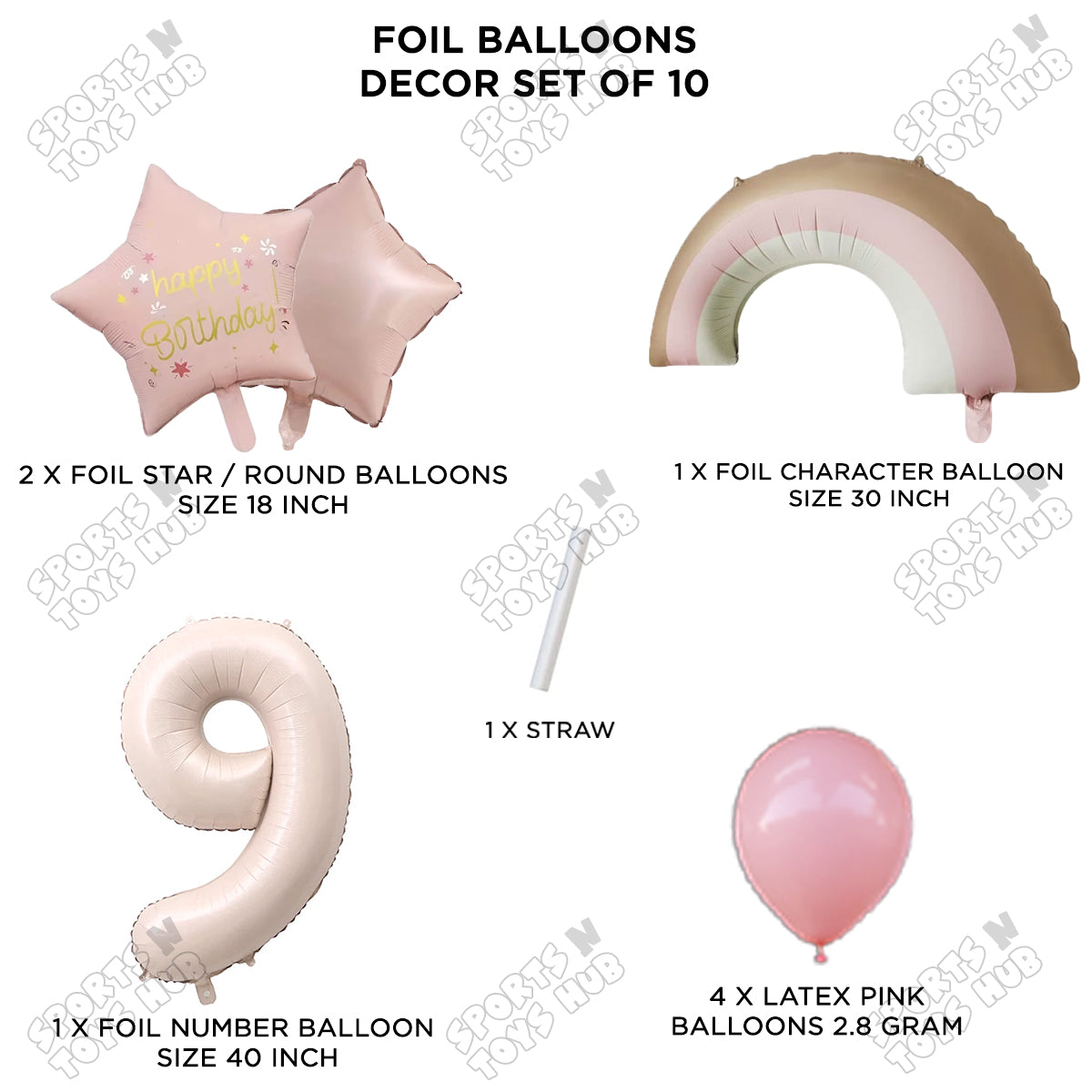 Pastel Pink Matte Color Rainbow & Cloud Pack Of 10 Set With 40 Inch Foil Number Balloons