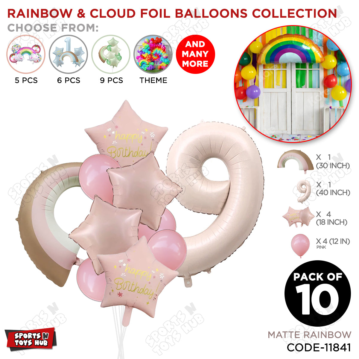 Pastel Pink Matte Color Rainbow & Cloud Pack Of 10 Set With 40 Inch Foil Number Balloons