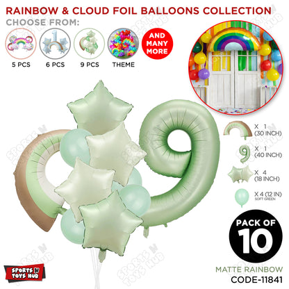 Pastel Green Matte Color Rainbow & Cloud Pack Of 10 Set With 40 Inch Foil Number Balloons