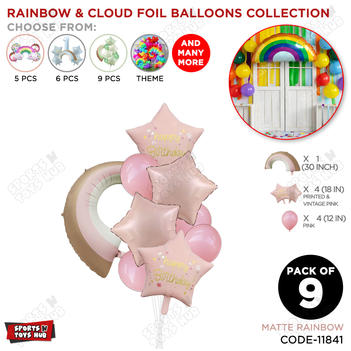 Pastel Pink Matte Color Rainbow & Cloud Pack Of 9 Foil Balloon Set
