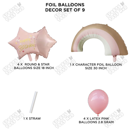Pastel Pink Matte Color Rainbow & Cloud Pack Of 9 Foil Balloon Set