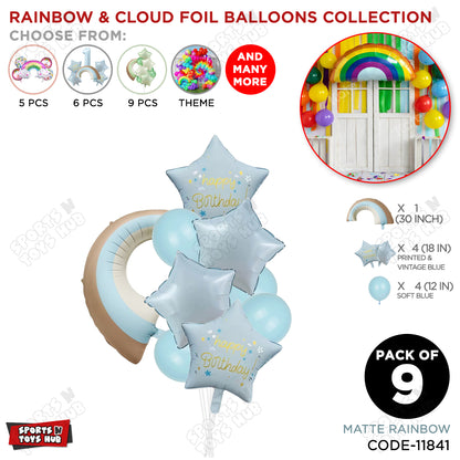 Pastel Blue Matte Color Rainbow & Cloud Pack Of 9 Foil Balloon Set