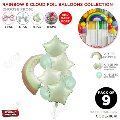 Pastel Green Matte Color Rainbow & Cloud Pack Of 9 Foil Balloon Set