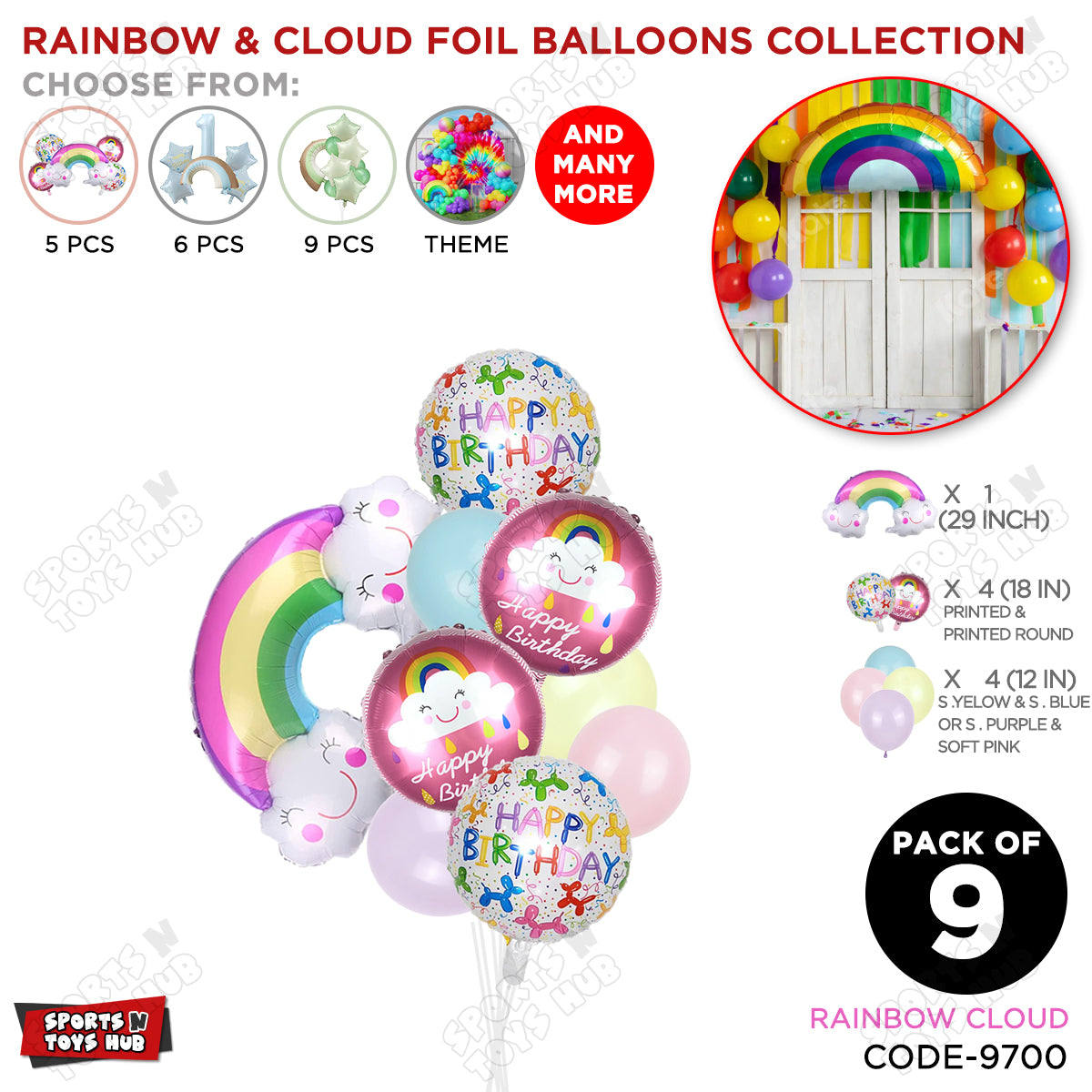 HBD Rainbow Pack Of 9 Foil Balloon Set