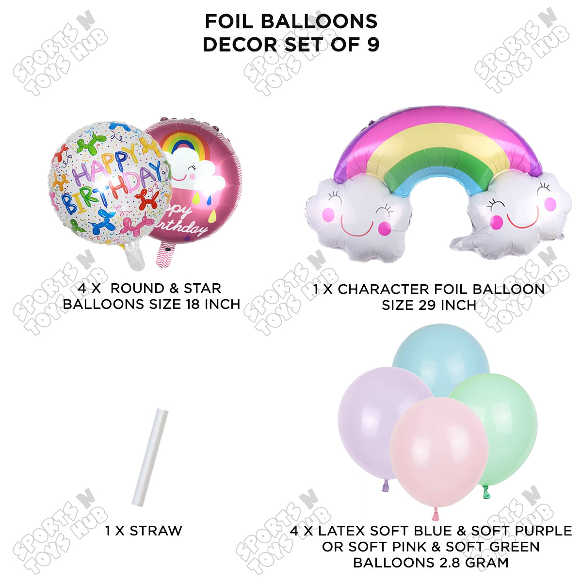 HBD Rainbow Pack Of 9 Foil Balloon Set