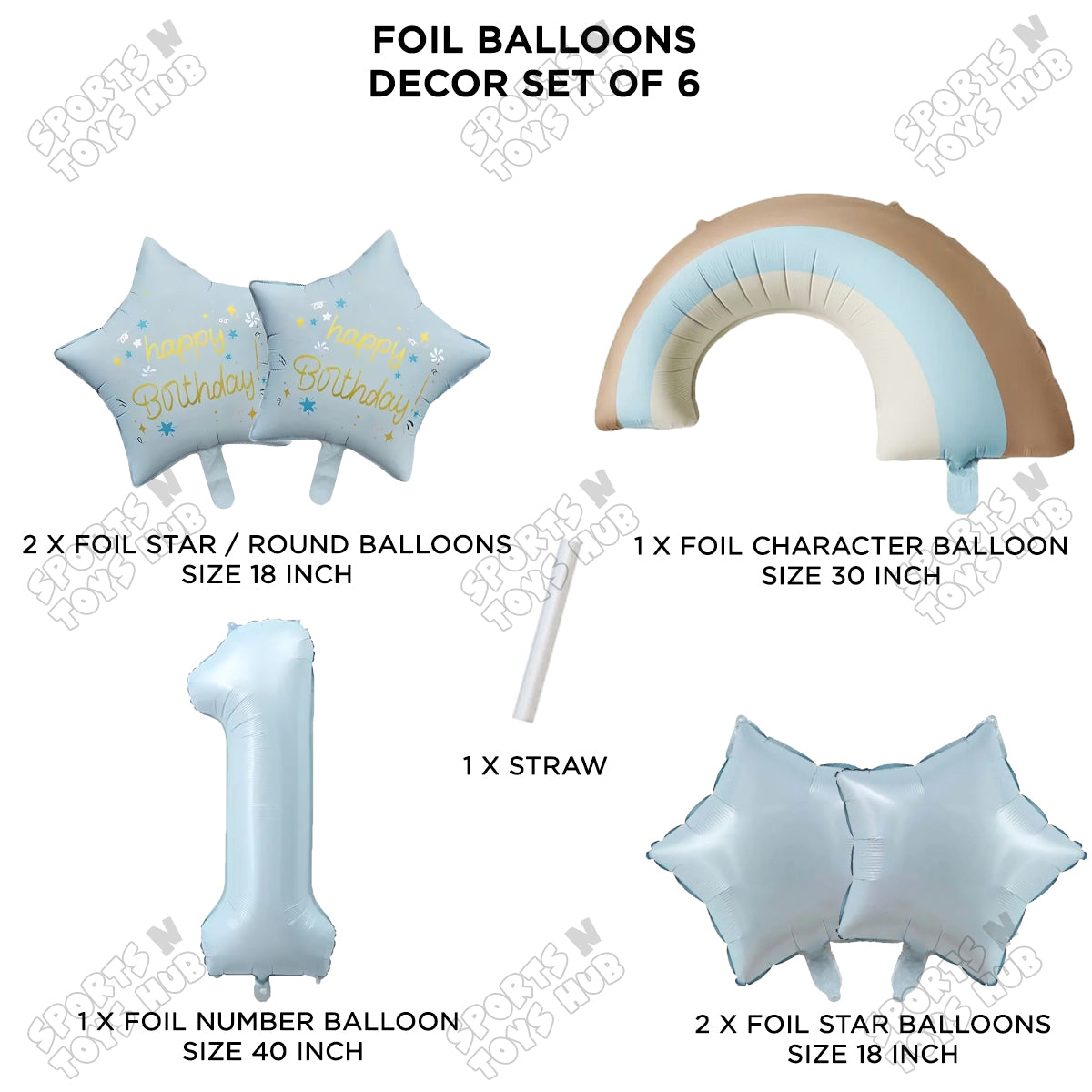 Pastel Blue Matte Color Rainbow & Cloud Pack Of 6 Set With 40 Inch Foil Number Balloons
