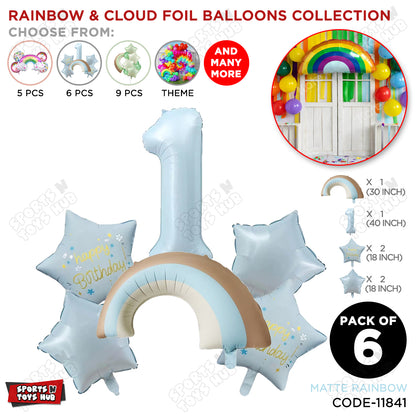 Pastel Blue Matte Color Rainbow & Cloud Pack Of 6 Set With 40 Inch Foil Number Balloons