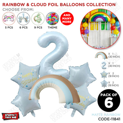 Pastel Blue Matte Color Rainbow & Cloud Pack Of 6 Set With 40 Inch Foil Number Balloons