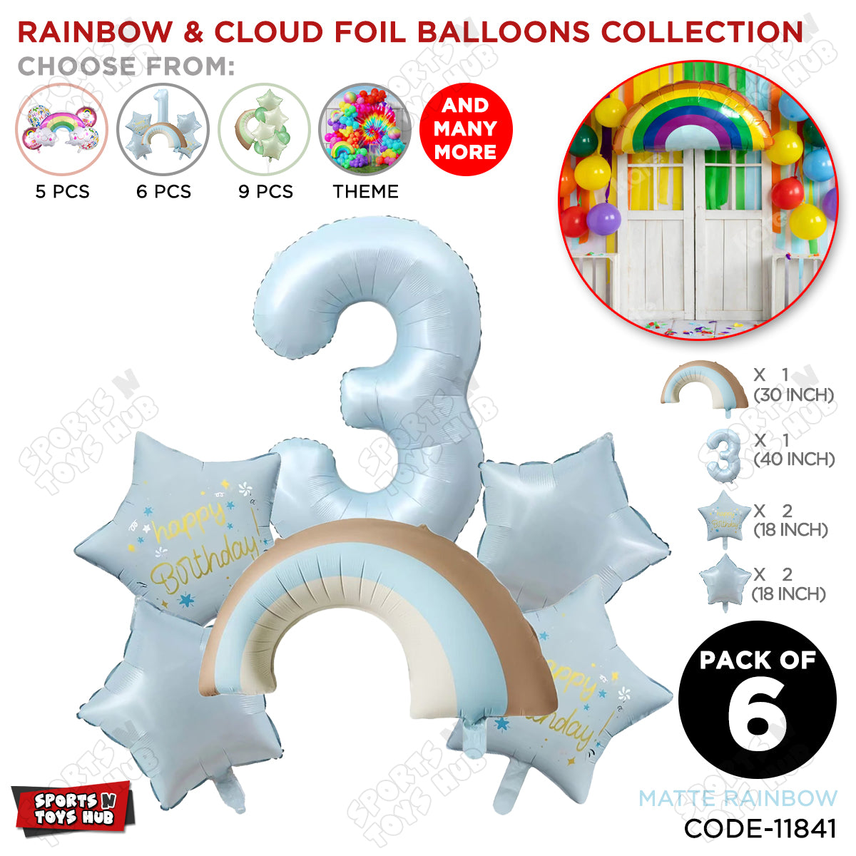 Pastel Blue Matte Color Rainbow & Cloud Pack Of 6 Set With 40 Inch Foil Number Balloons