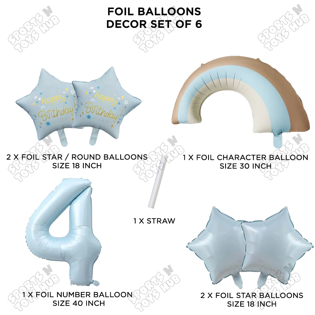 Pastel Blue Matte Color Rainbow & Cloud Pack Of 6 Set With 40 Inch Foil Number Balloons