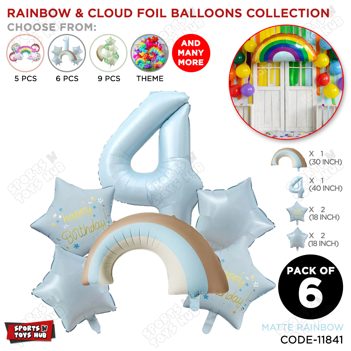 Pastel Blue Matte Color Rainbow & Cloud Pack Of 6 Set With 40 Inch Foil Number Balloons
