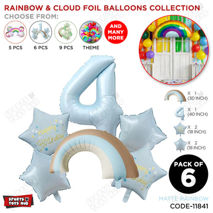 Pastel Blue Matte Color Rainbow & Cloud Pack Of 6 Set With 40 Inch Foil Number Balloons