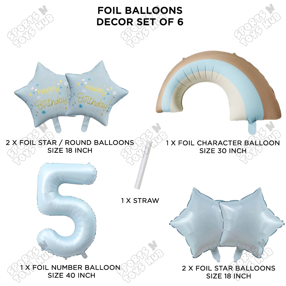 Pastel Blue Matte Color Rainbow & Cloud Pack Of 6 Set With 40 Inch Foil Number Balloons