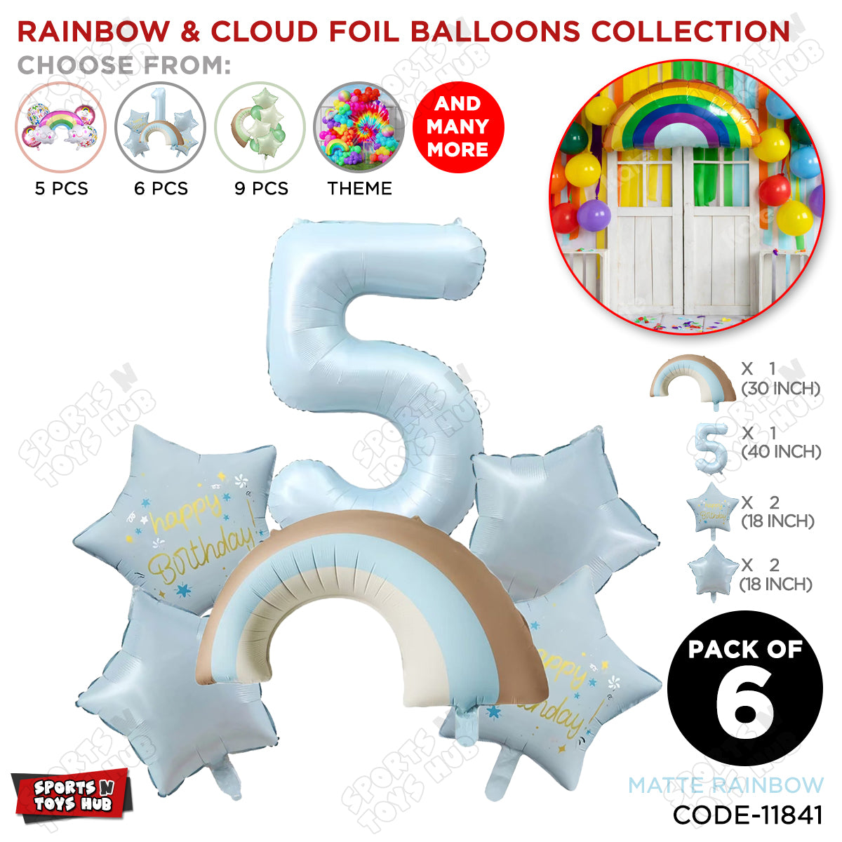 Pastel Blue Matte Color Rainbow & Cloud Pack Of 6 Set With 40 Inch Foil Number Balloons