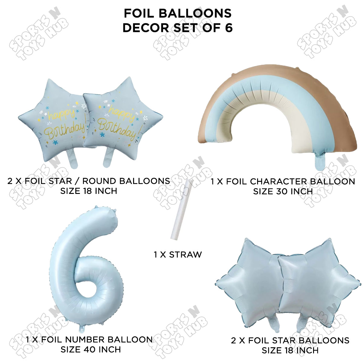 Pastel Blue Matte Color Rainbow & Cloud Pack Of 6 Set With 40 Inch Foil Number Balloons