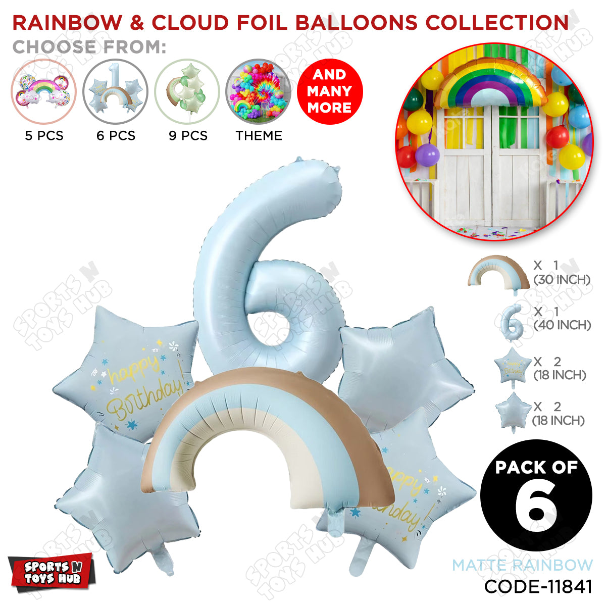 Pastel Blue Matte Color Rainbow & Cloud Pack Of 6 Set With 40 Inch Foil Number Balloons