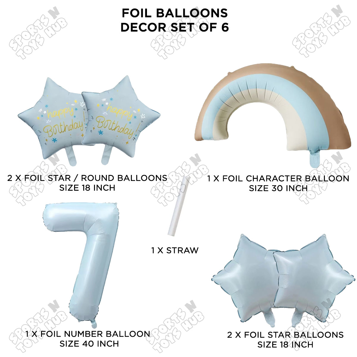 Pastel Blue Matte Color Rainbow & Cloud Pack Of 6 Set With 40 Inch Foil Number Balloons