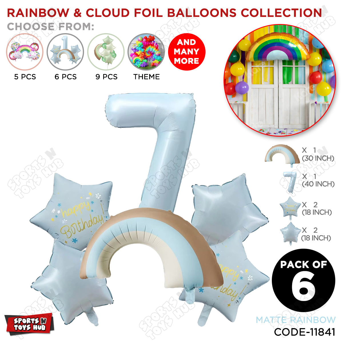 Pastel Blue Matte Color Rainbow & Cloud Pack Of 6 Set With 40 Inch Foil Number Balloons