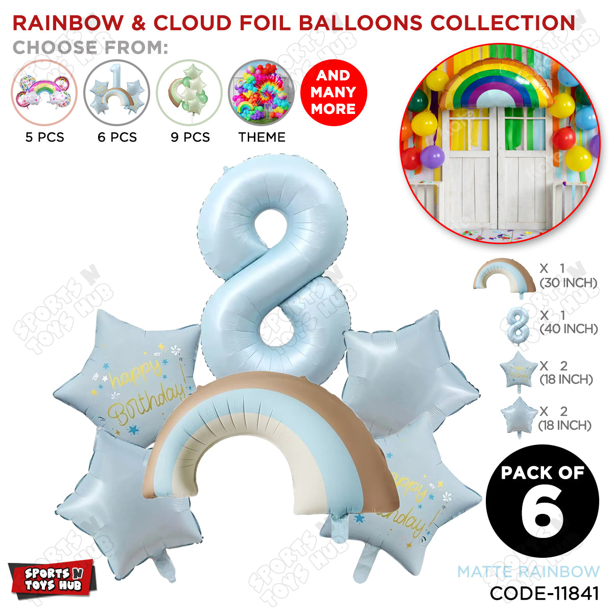 Pastel Blue Matte Color Rainbow & Cloud Pack Of 6 Set With 40 Inch Foil Number Balloons